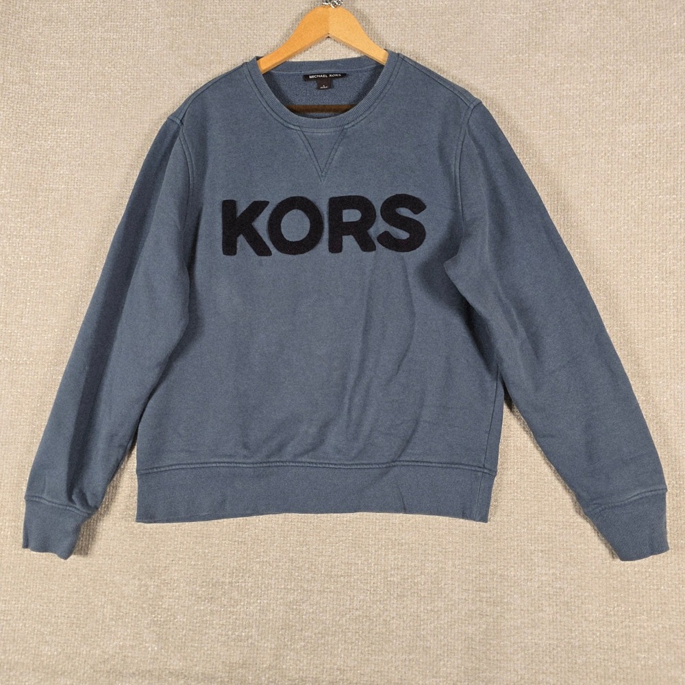 Michael Kors Womens Blue Chenille‎ Logo Crewneck Sweatshirt Size Large